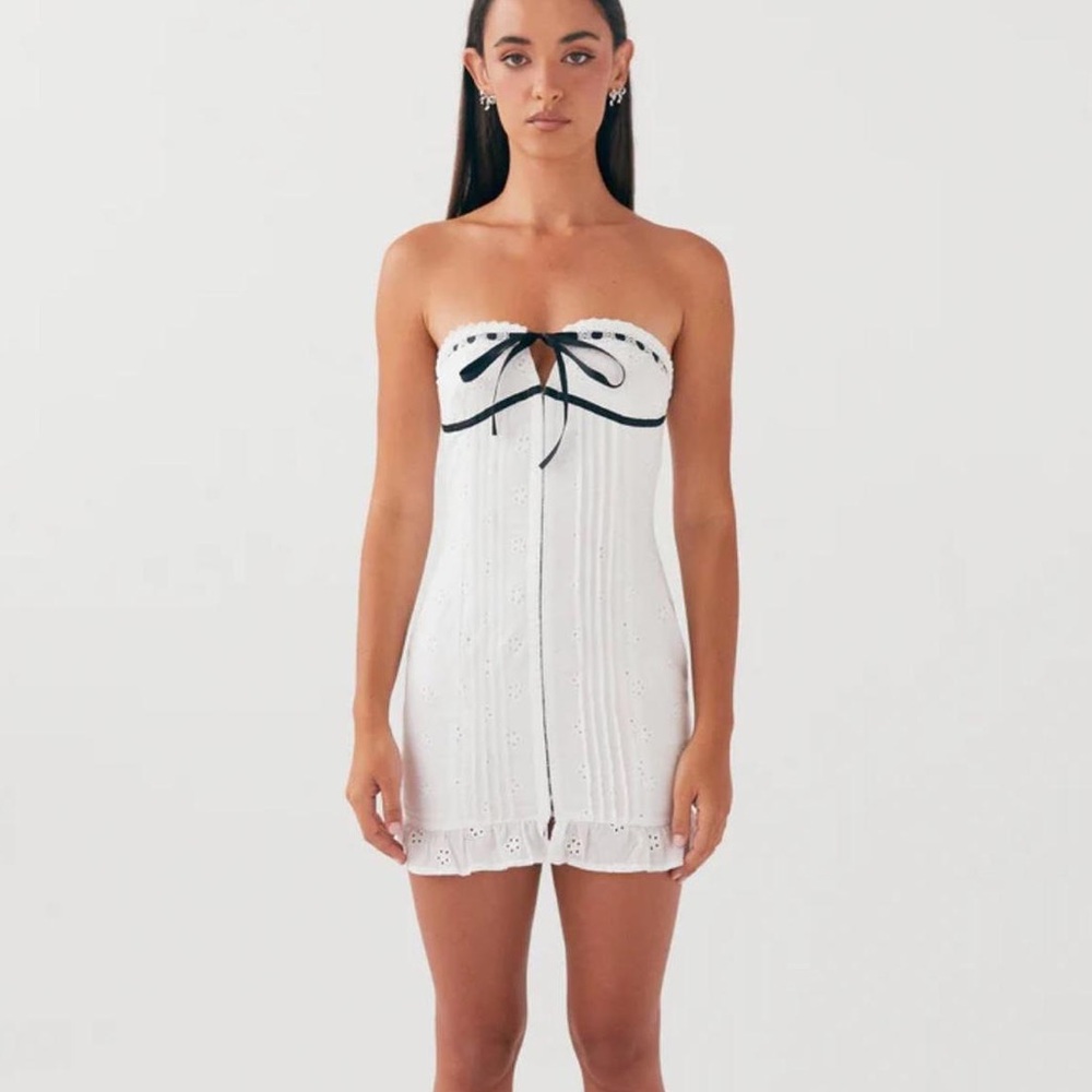 Peppermayo White Strapless Dress with Black Bow